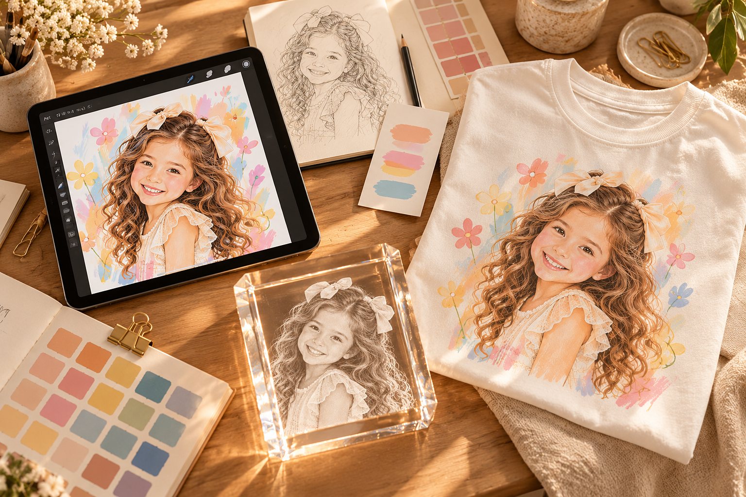 A designer's desk with a tablet showing an illustrated portrait of the girl, color swatches, a pencil sketch, and the same design made into a printed T-shirt and an engraved crystal