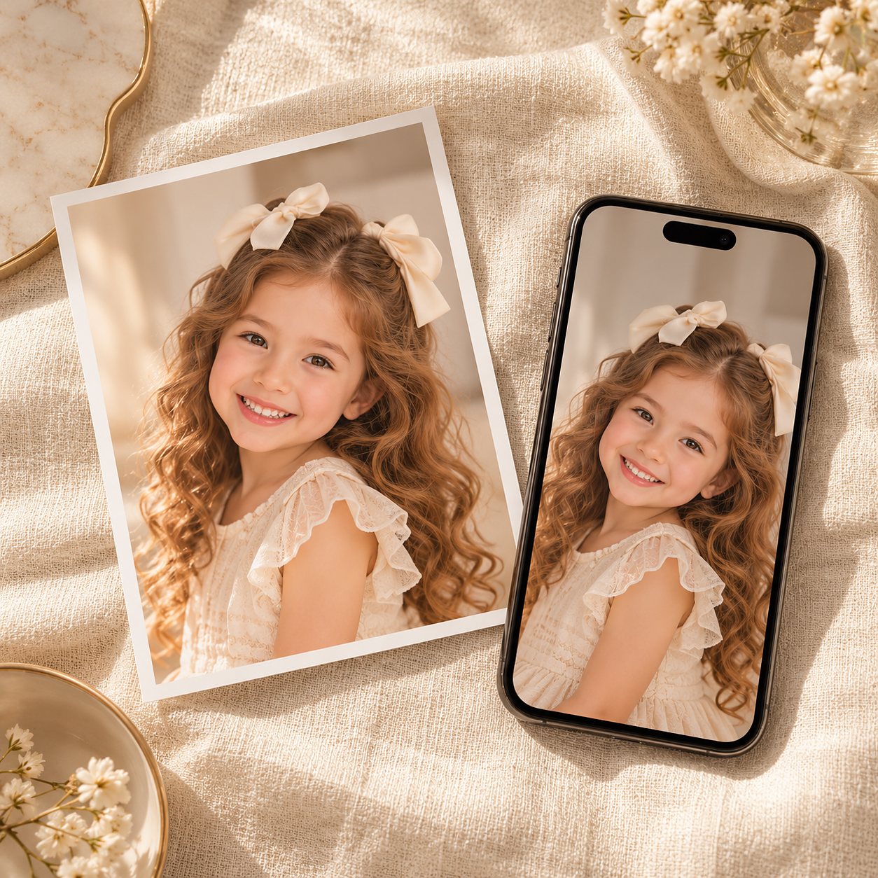 The original photo of the girl, printed and on a phone screen
