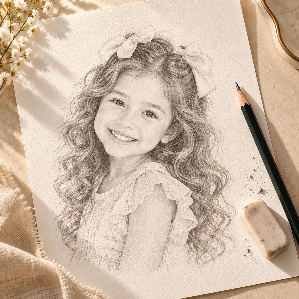 The same portrait redrawn as pencil line art on paper